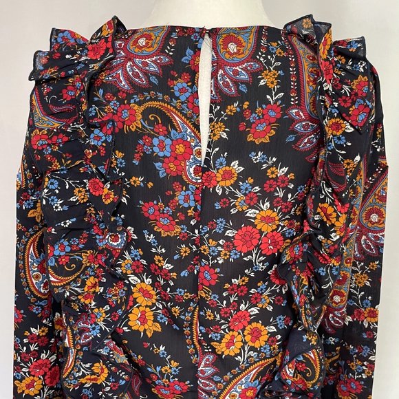 New H&M Paisley Floral Print Ruffle Trim Peplum Blouse Navy Multi Size 2 - Picture 9 of 16
